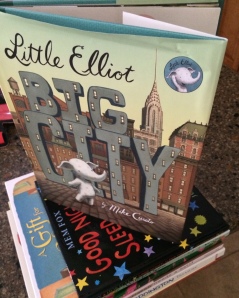Isabelle has lots of #respect for Little Elliot! (All of the books below Little Elliott, Big City are jacket-less!)