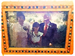With my grandparents at my uncle's wedding in 1986. (A Waterlogue version of the frame on my desk.)