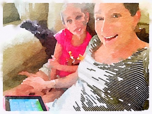 I took this selfie right before our practice session began. Afterwards, I morphed this photo into a watercolor of the two of us sitting side-by-side using Waterlogue.
